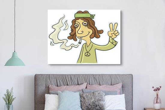 Une illustration d'un hippie qui souffle sur toile 160x120 cm - Tirage photo sur toile (Décoration murale salon / chambre) / Peintures Fleurs sur toile XXL / Groot format!
