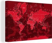Canvas Wereldkaart - 90x60 - Wanddecoratie Wereldkaart - Stoer - Rood