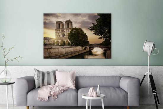 Canvas schilderij 180x120 cm - Wanddecoratie Zonsopgang bij de Notre Dame in Parijs - Muurdecoratie woonkamer - Slaapkamer decoratie - Kamer accessoires - Schilderijen