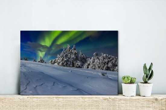 Aurores boréales au-dessus d'un paysage d'hiver avec des arbres toile 2cm 30x20 cm - petit - Tirage photo sur toile (Décoration murale salon / chambre) / phénomènes naturels Peintures sur toile