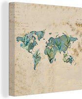 Canvas Wereldkaart - 90x90 - Wanddecoratie Wereldkaart - Vintage - Planten