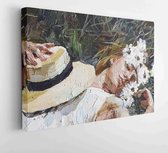 Girl in snow-white dresses sleep on summer grasses. Oil painting.  - Modern Art Canvas - Horizontal - 1784285378 - 80*60 Horizontal