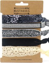 Hair Tie Haarelastiek Dieren Print Zwart Glitter Grijs - Panter Luipaard Kant Effen Kleuren Patroon Elastische Stof Armband 5 Stuks