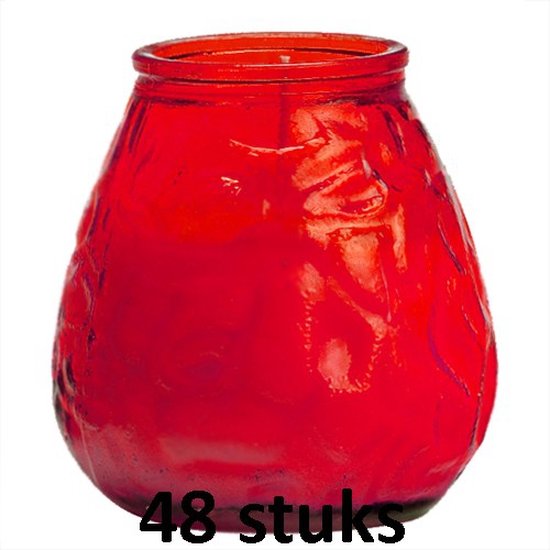 48 stuks low boys transparant rood glazen terras- tuinkaarsen 100/100 (70 uur)