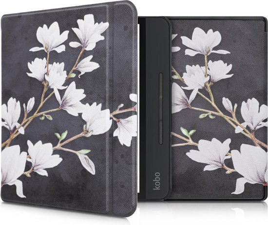 kwmobile hoes geschikt voor Kobo Forma - Magnetische sluiting - E reader cover in taupe / wit / donkergrijs - Magnolia design