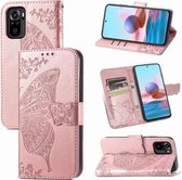 Voor Geschikt voor Xiaomi Redmi Note 10 4G Butterfly Love Flower Reliëf Horizontale Flip Leather Case met Bracket & Card Slot & Wallet & Lanyard (Rose Gold)