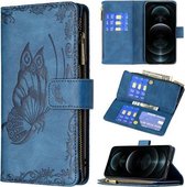 Voor iPhone 12 Pro Flying Butterfly Embossing Pattern Rits Horizontale Flip lederen tas met houder & kaartsleuven & portemonnee (blauw)