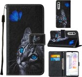 Voor LG Velvet 2 Pro Cross Texture Painting Pattern Horizontale Flip lederen hoes met houder & kaartsleuven & portemonnee & lanyard (Blue Butterfly Cat Eyes)