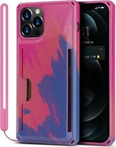 Waterverf geschilderde pantser schokbestendige pc-harde hoes met kaartsleuf voor iPhone 12 Pro Max (roze blauw)