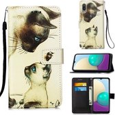 Voor Samsung Galaxy A02 / M02 (wereldwijd) Gekleurd tekeningpatroon Plain Weave Horizontale flip lederen hoes met houder & kaartsleuf & portemonnee & lanyard (kat kijkend)