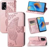 Voor OPPO F19 4G/A74 4G Vlinder Liefde Bloem Reliëf Horizontale Flip Lederen Case met Beugel/Kaartsleuf/Portemonnee/Lanyard (Rose Goud)