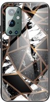 Voor One Plus 9 Pro Abstract Marble Pattern Glass beschermhoes (Rhombus Black)
