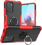 Voor Geschikt voor Xiaomi Redmi Note 10 Armor Bear schokbestendige pc + TPU-beschermhoes met ringhouder (rood)