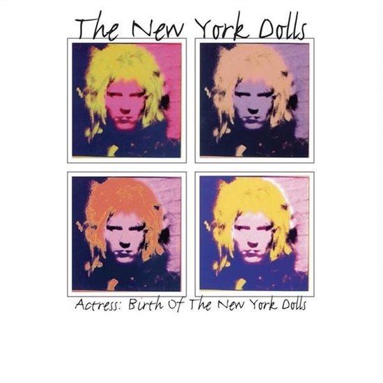 Albumhoes 'The New York Dolls' met vier portretten van een persoon met blond haar, in pop-art stijl met felle kleuren.