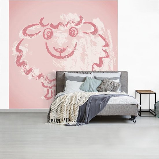 Une illustration d'un mouton dans une fotobehang rose