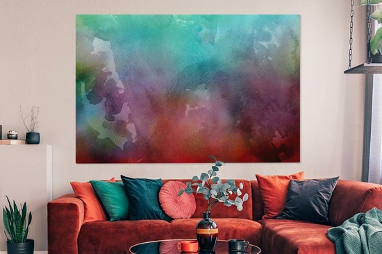Canvas schilderij 150x100 cm - Wanddecoratie Waterverf - Groen - Rood - Muurdecoratie woonkamer - Slaapkamer decoratie - Kamer accessoires - Schilderijen