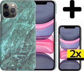 Hoesje Geschikt voor iPhone 11 Pro Max Hoesje Marmer Case Hard Cover Met 2x Screenprotector - Hoes Geschikt voor iPhone 11 Pro Max Case Marmer Hoesje Backcover - Groen