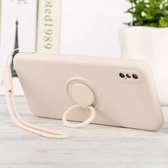 Voor iPhone XS Max effen kleur vloeibare siliconen schokbestendige volledige dekking beschermhoes met ringhouder en lanyard (beige)