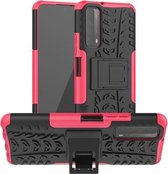 Voor Huawei P Smart (2021) / Y7a Bandentextuur Schokbestendig TPU + pc-beschermhoes met houder (roze)
