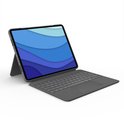 Grijze iPad hoes met toetsenbord en trackpad, open in laptopstand. Apple Pencil is bevestigd.