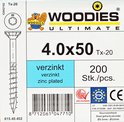 Verzinkte schroef 4.0x50 Torx TX-20 met plat verzonken kop. 200 stuks in verpakking.