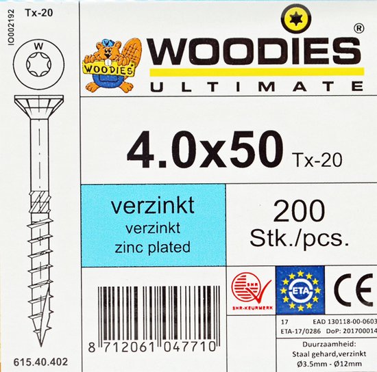 Verzinkte schroef 4.0x50 Torx TX-20 met plat verzonken kop. 200 stuks in verpakking.
