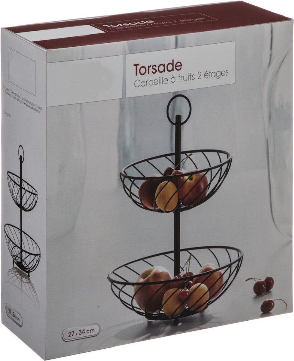 2-laags fruitschaal/fruitmand rond zwart metaal 32 cm (schalen