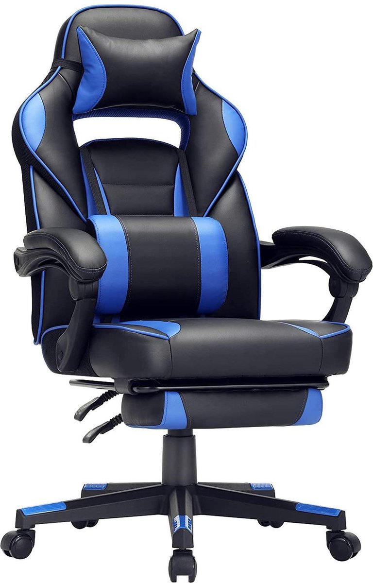 Gaming Chair - Bureaustoel met Voetensteun - Gamestoel met Hoofdsteun en Lendenkussen - in Hoogte Verstelbaar - Ergonomisch - Max. Belasting 150 kg - Zwart-Blauw