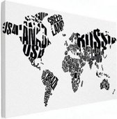 Wereldkaart Landmassa In Letters Zwart - Canvas 40x30