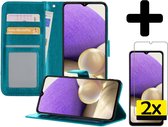 Hoesje Geschikt voor Samsung A32 4G Hoesje Book Case Hoes Wallet Cover Met 2x Screenprotector - Hoes Geschikt voor Samsung Galaxy A32 4G Hoesje Bookcase Hoes - Turquoise
