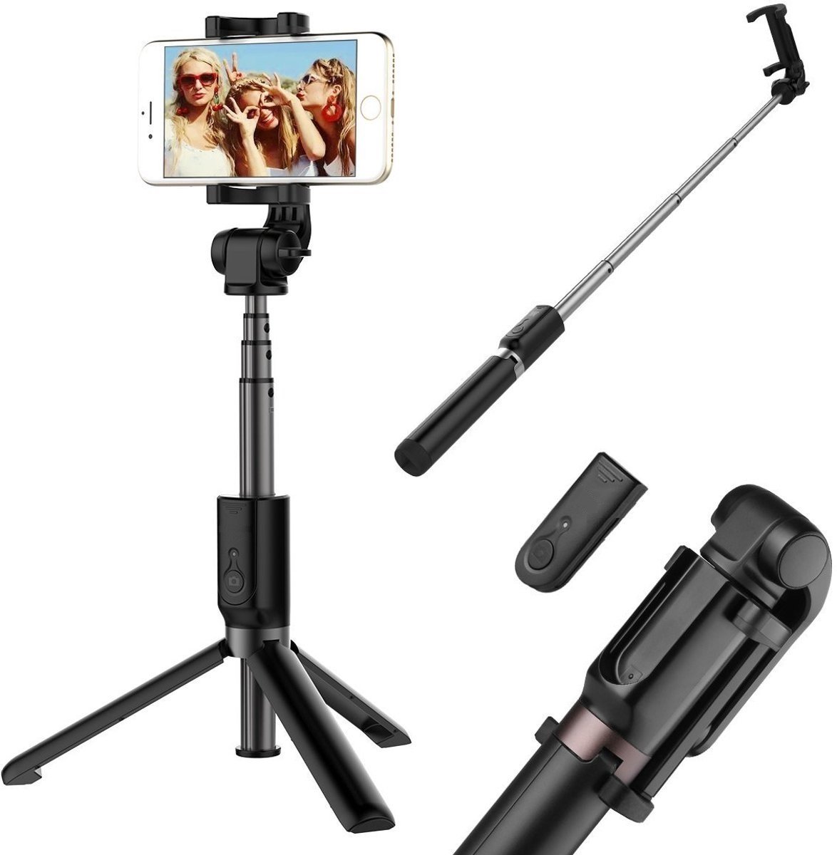 Ntech 3 in 1 Bluetooth Selfie Stick met Afstandsbediening en Foldable Tripod Stand zwart