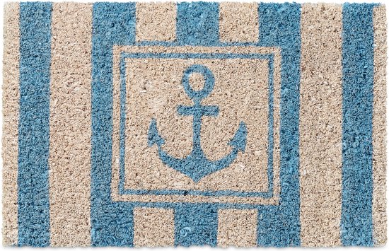 Kokos deurmat met blauwe en beige strepen en een ankerprint.