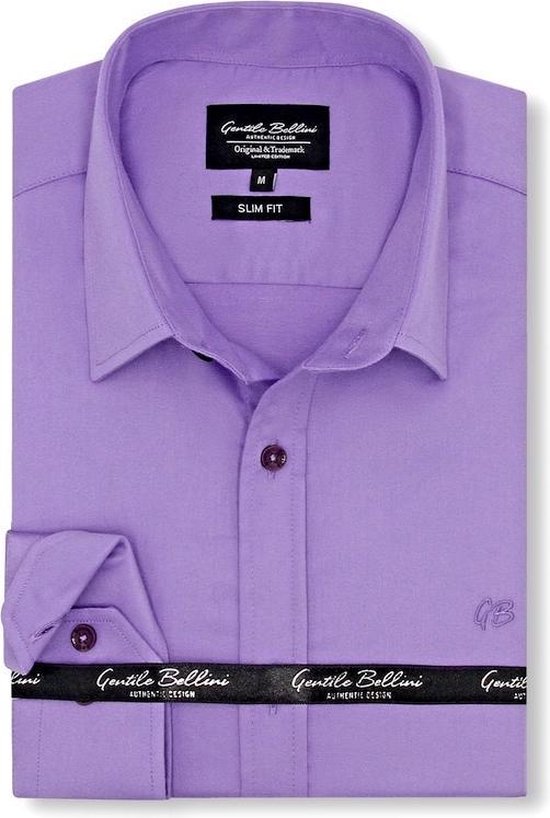 Heren Overhemd - Slim Fit - Luxury Plain Satijn - Paars - Maat S