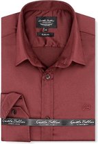 Heren Overhemd - Slim Fit - Luxury Plain Satijn - Bordeaux - Maat XXL