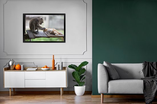 Poster in lijst - Fotolijst 90x60 cm - Posters - Kat - Aap - Hout - Posterlijst zwart - Decoratie - Wanddecoratie woonkamer - Muurdecoratie slaapkamer