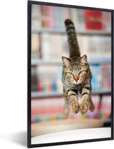 Photo encadrée - Chat sautant sur chaise cadre photo noir sans passe partout 60x90 cm - Affiche encadrée (Décoration murale salon / chambre)