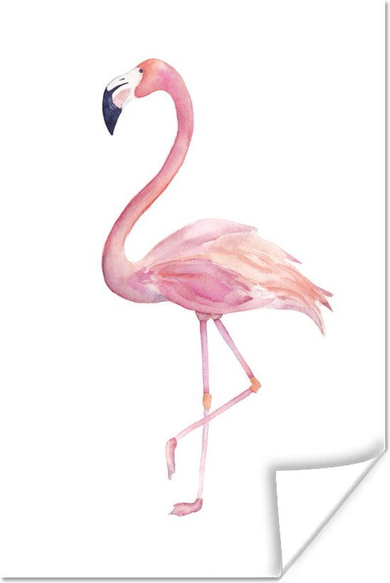 Roze flamingo gemaakt van waterverf op een witte achtergrond 40x60 cm - Foto print op Poster (wanddecoratie woonkamer / slaapkamer)