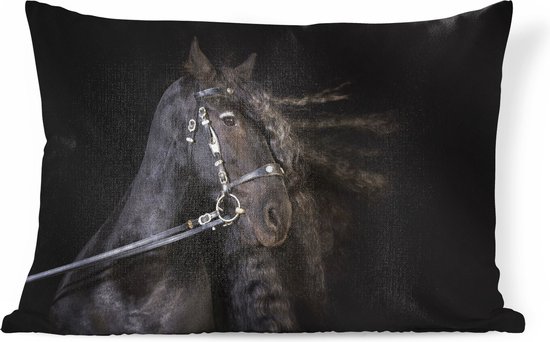 Sierkussens - Kussen - Portret van een paard met lange manen op een zwarte achtergrond - 60x40 cm - Kussen van katoen