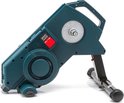 Elite fietstrainer met blauwe behuizing, cassette-body en zwarte standaard, zijaanzicht.