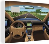 Canvas Schilderij Illustratie van het dashboard in een auto op de weg - 40x30 cm - Wanddecoratie