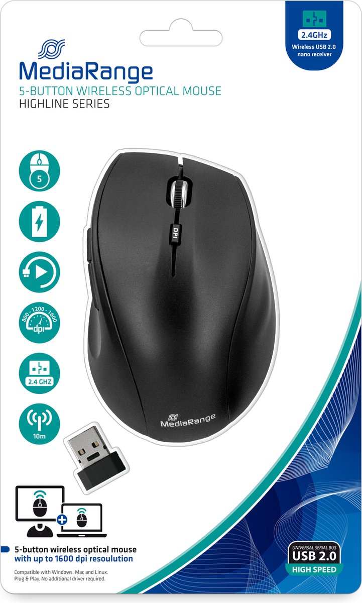 MediaRange draadloze optische 5-button muis mat-zwart