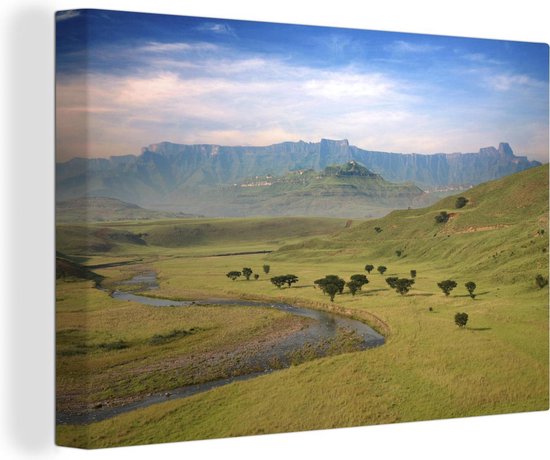 Canvas schilderij 180x120 cm - Wanddecoratie Het Amfitheater Drakensberg met een vallei in Zuid-Afrika - Muurdecoratie woonkamer - Slaapkamer decoratie - Kamer accessoires - Schilderijen