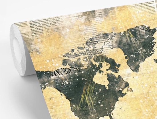 Carte du monde gris foncé sur fond avec peinture orange et journal 420x280 cm