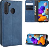 Voor Galaxy A21 Retro-skin Business magnetische zuignap Case met houder & kaartsleuven & portemonnee (donkerblauw)