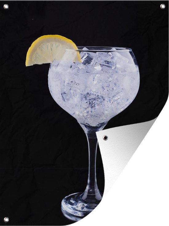 Tuin decoratie Gin tonic cocktail met citroen op een zwarte achtergrond