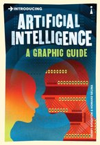 Boekomslag van "Introducing Artificial Intelligence A Graphic Guide". Twee hoofden kijken elkaar aan, één oranje en één rood met printplaten.