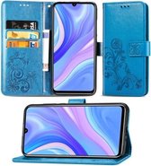 Voor Huawei Y8P / Enjoy 10S vierbladige sluiting reliëf gesp mobiele telefoon bescherming lederen tas met lanyard & kaartsleuf & portemonnee & beugel functie (blauw)