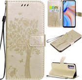 Voor Oppo Reno4 5G Boom & Kat Reliëfpatroon Horizontale Flip Leren Case met Houder & Kaartsleuven & Portemonnee & Lanyard (Goud)