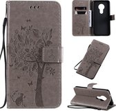 Voor Nokia 7.2 Tree & Cat Pattern Pressed Printing Horizontale Flip PU lederen tas met houder & kaartsleuven & portemonnee & lanyard (grijs)