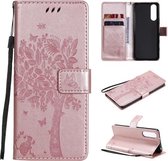 Voor Sony Xperia5 II Boom & Kat Patroon Geperst Afdrukken Horizontale Flip PU Leren Case met Houder & Kaartsleuven & Portemonnee & Lanyard (Rose Goud)